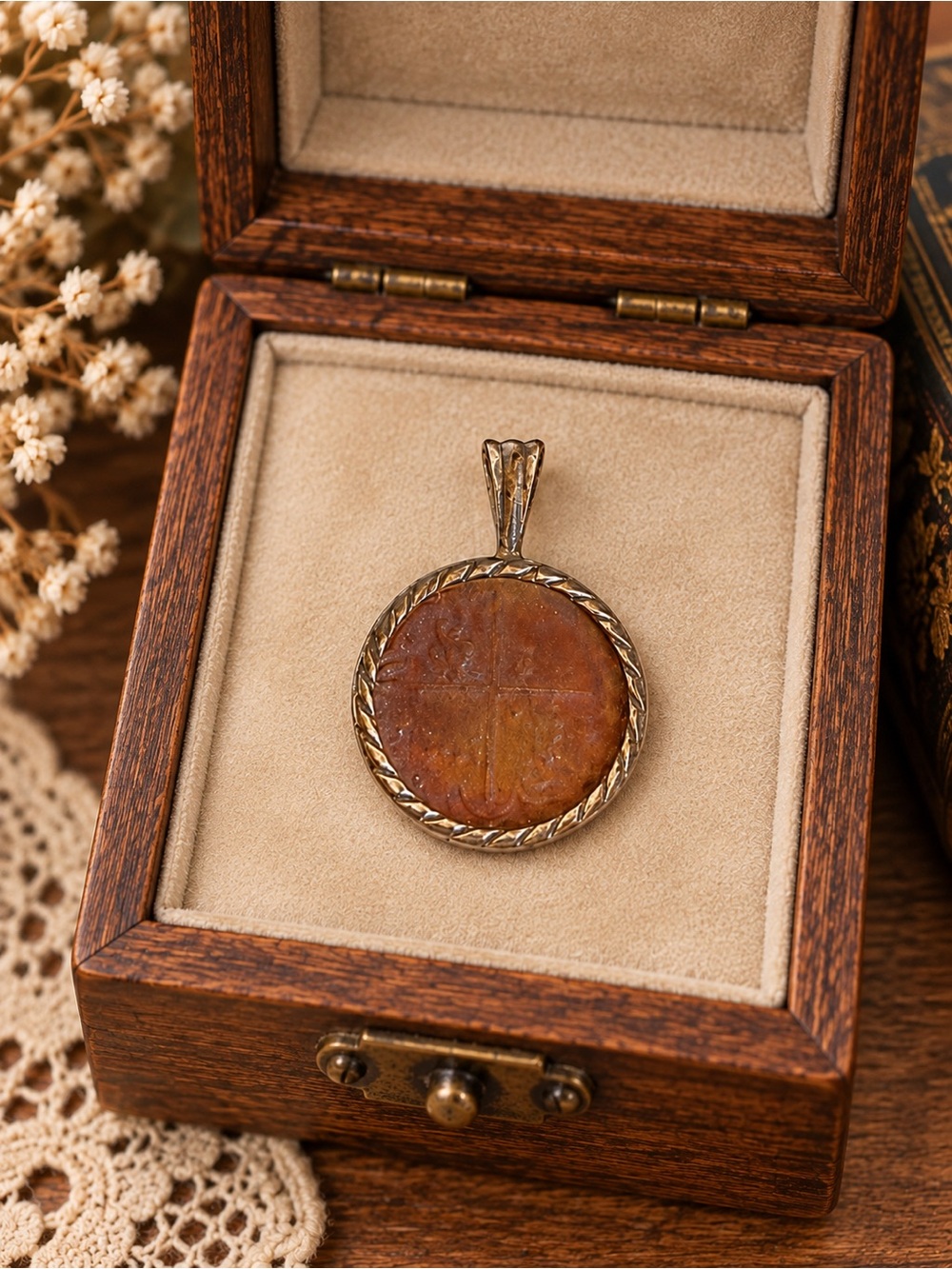 Vintage Concepcion Shipwreck Coin Medallion Pendant Charm Marked 925 Rustic Boho